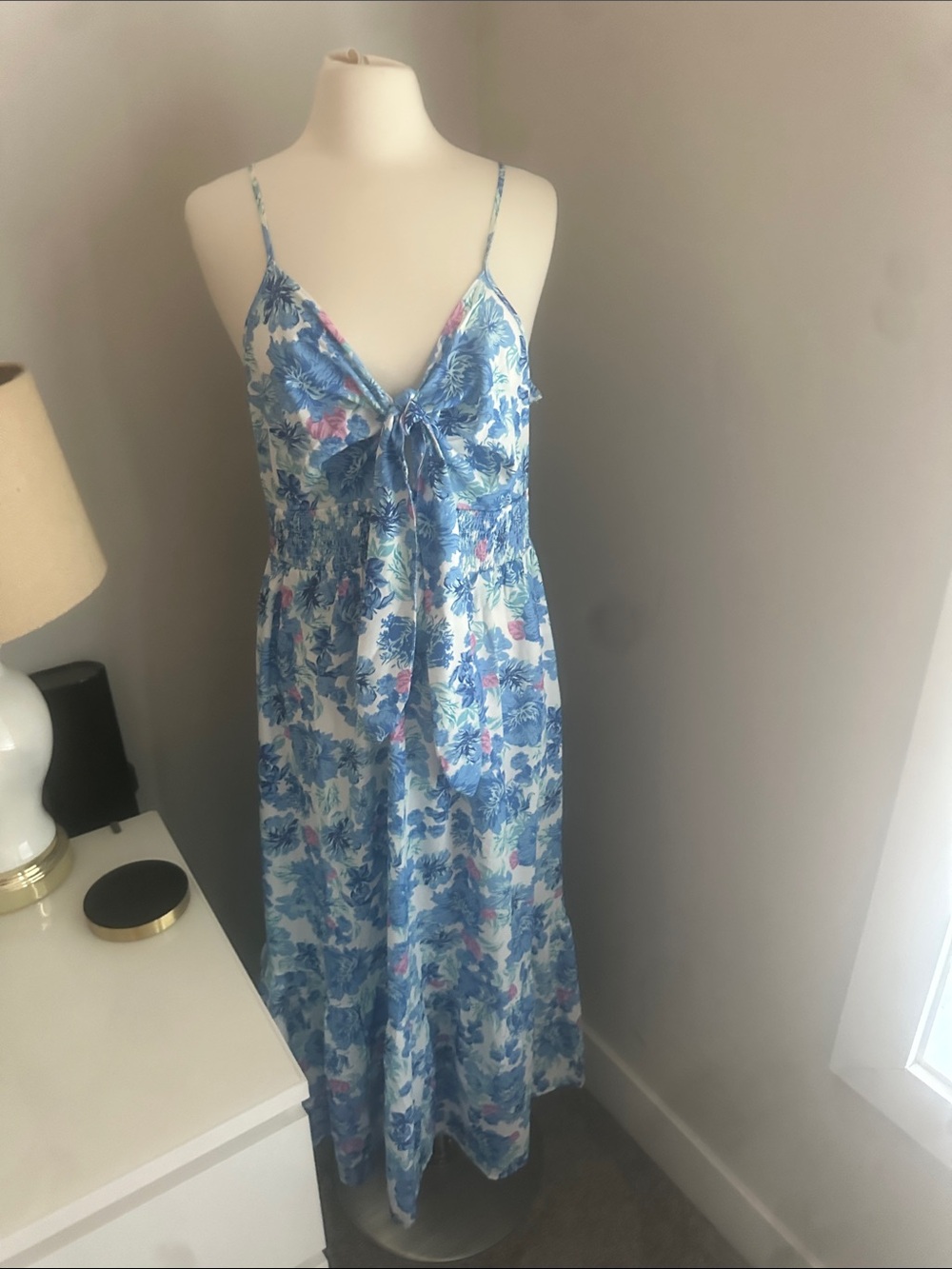 Blue Floral Maxi Slip Dress with Tie Front